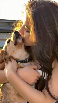 close up shot of a happy woman hugging and kissing her dog.Vertical