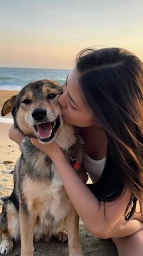 close up shot of a happy woman hugging and kissing her dog.Vertical