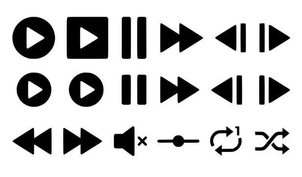 Minimal multimedia player control icon collection with circular and square flat vector buttons for apps and websites
