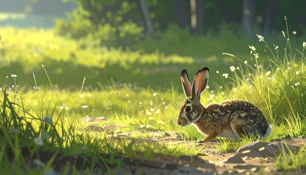 Wild hare leveret resting in sunlit meadow grass during spring