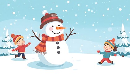 Fototapeta premium Children playing with a snowman in a snowy landscape winter fun carrot nose flat design children childhood activity landscape playtime recreation snowflakes winter scene greeting