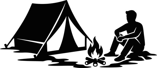 Man sitting by campfire beside tent in silhouette on white background © NurA
