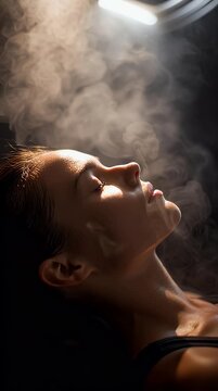 Serene woman enjoying a luxurious sauna experience bathed in warm light and surrounded by swirling steam a moment of relaxation wellness and self-care for ultimate rejuvenation