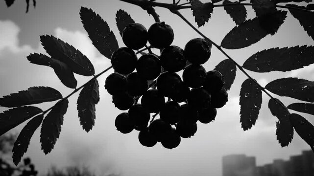 Black and White Close-Up of Rowan Berries and Leaves Against a Cloudy Sky and City Silhouette