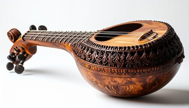 Traditional sitar with carved gourd resonator and bone inlays on white background