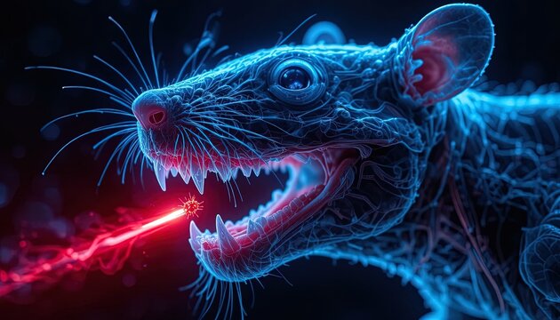 Digital Illustration of a Rat Attacking a Virus with a Laser Beam, Depicted with Intricate Line Work and Intense Lighting