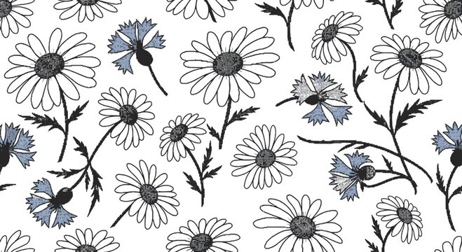 Seamless pattern of hand drawn daisies and cornflowers