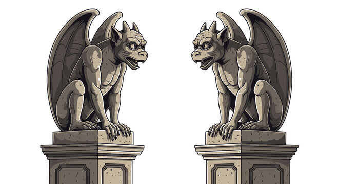 Pair of Gothic Gargoyle Statues on Stone Pedestals