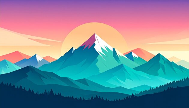 Mountain range at sunset with vibrant sky and forested slopes