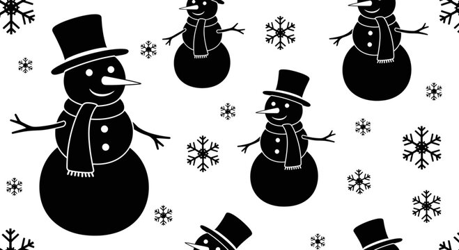 Black and white snowman and snowflake winter holiday pattern