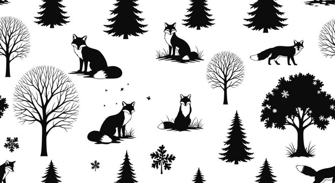 Seamless black and white forest pattern with foxes and winter trees