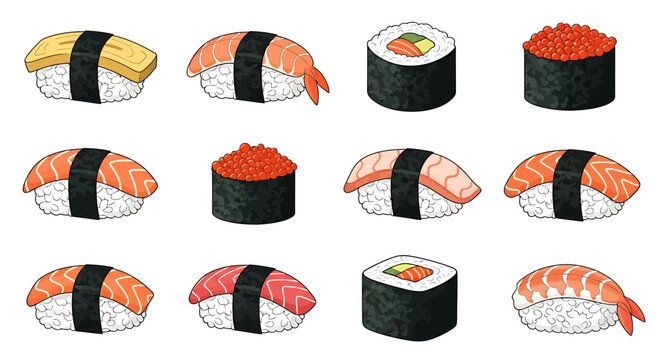 Assorted Japanese sushi set with nigiri maki and salmon roe gunkan