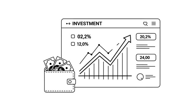 A cartoon piggy bank with coins and a graph on a computer screen.