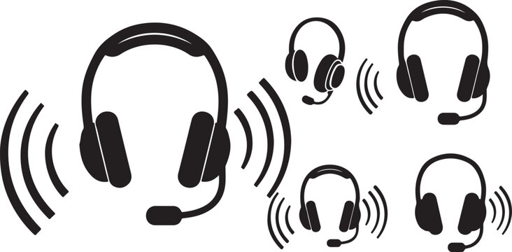 Headsets with sound waves on white background