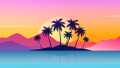 Fototapeta premium Tropical island with palm trees at sunset over calm water and colorful sky