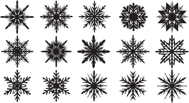 Collection of black snowflakes on white background