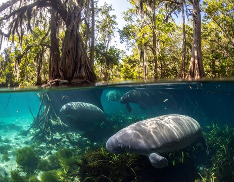 A split-level underwater view reveals manatees gliding through clear waters, adjacent to a lush tree-lined shore