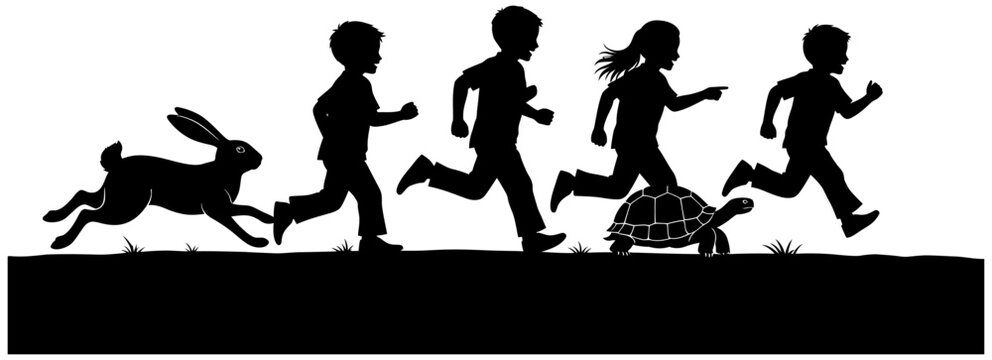 Silhouette illustration of children and animals racing