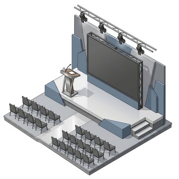Modern isometric conference stage setup featuring a large screen and seating rows on white background