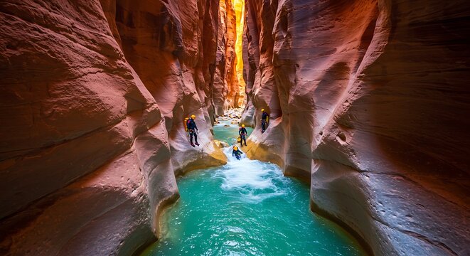 People canyoneering through a narrow slot canyon with turquoise river water and red sandstone walls