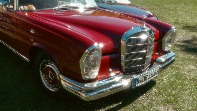 Berlin, Germany - May 2, 2026. Classic Mercedes-Benz coupe detail