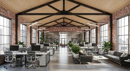 Fototapeta premium Large open plan office space with brick walls and high ceilings featuring workstations and seating areas