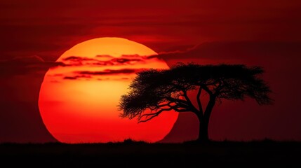 Obraz premium Stunning sunset scene with vibrant orange sun and silhouetted tree