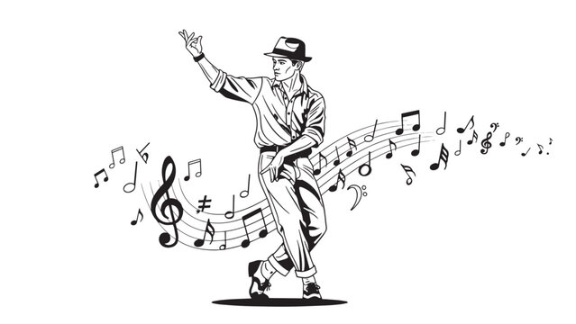 Dynamic dancing man illustration with musical notes and joyful movement.