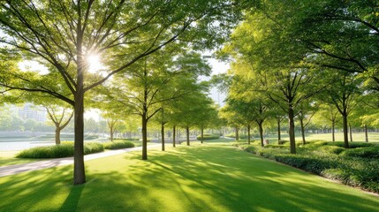 Fototapeta premium Lush Green Park Landscape with Tall Trees and Dappled Sunlight in a Serene Outdoor Environment Ideal for Nature and Relaxation Themes