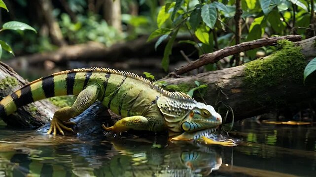 Green Iguana Resting on a Log in a Tropical Environment.