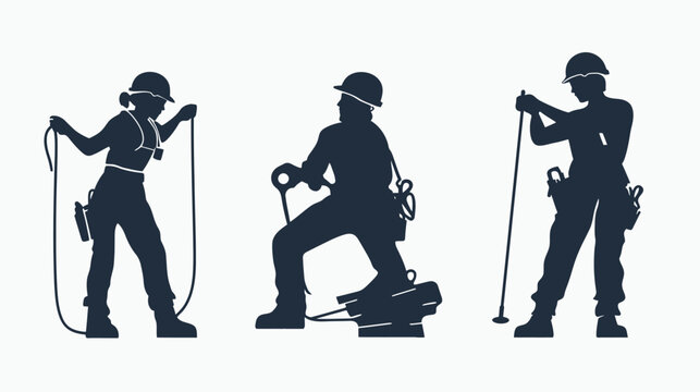 Silhouettes of three workers in safety gear one with rope, one with a tool, and one with a pole