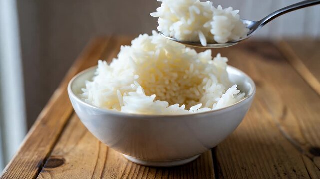 Close-up of a bowl of cooked white rice with a spoon.
