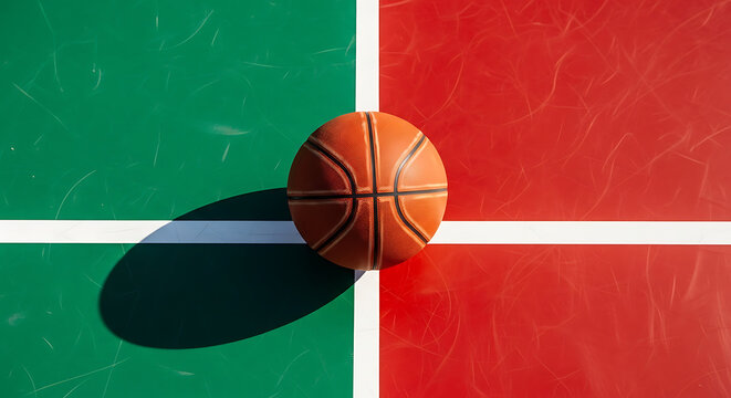 A basketball lies on the green and red court floor with white lines.