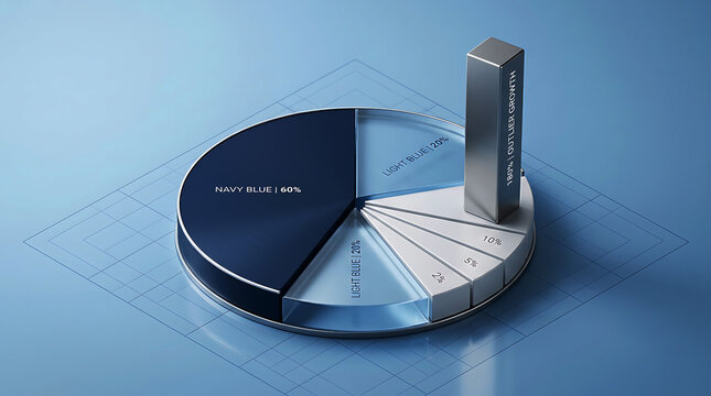 3 d navy blue pie chart with silver bar graph and light blue segments