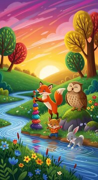 Cute cartoon forest animals playing by a river at sunset.
