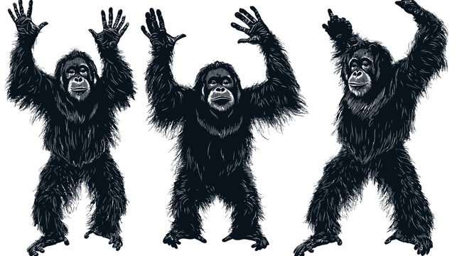 Three stylized, dark gray apes with arms raised against a white background. Their fur is detailed