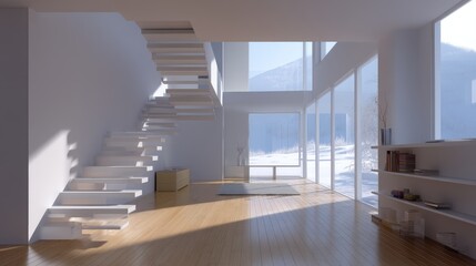 Fototapeta premium Modern minimalistic interior design of spacious living room with large windows and elegant staircase showcasing bright natural light and serene atmosphere