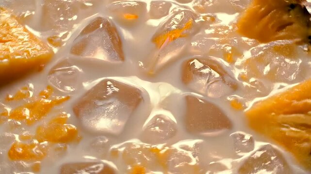 Coconut pineapple pina colada in macro top-down view, creamy white surface with crushed ice, and fruit fibers blending into a rich tropical texture