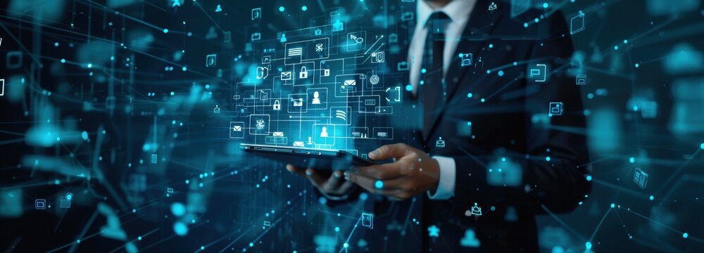 Digital Transformation: A distinguished figure, enveloped in a sea of digital networks, intently manipulates a tablet. Representing innovation.