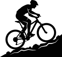 Obraz premium Man riding mountain bike on hill side in silhouette style