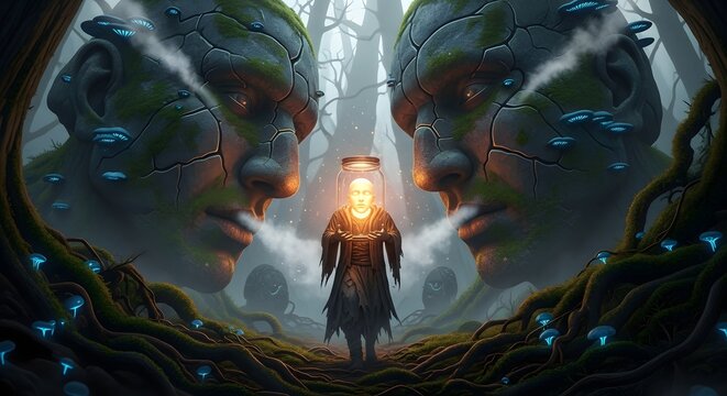 Mystical Guardian Emerges Amidst Ancient Stone Giants and Bioluminescent Flora