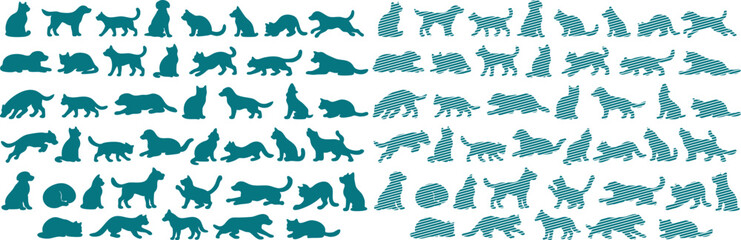 Teal cat silhouettes on white background, multiple rows of feline figures © Shabuj