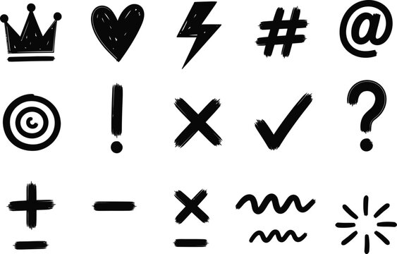 Set of hand-drawn black icons and symbols including a crown heart lightning bolt hashtag at symbol target exclamation mark cross checkmark question mark plus and minus signs wavy lines with collection