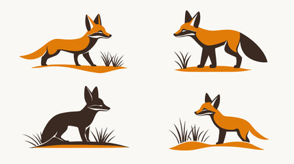 Obraz premium A collection of four stylized fox illustrations in earthy tones, placed on a plain background