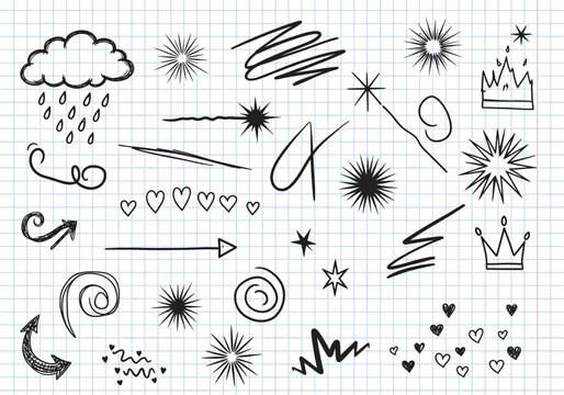 Doodle elements featuring a rain cloud arrows hearts hand drawn squared paper black and white illustration sunburst scribble abstract background notebook creative collection