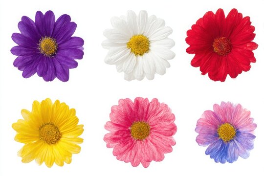 Collection of six vibrant daisy flowers in purple white red yellow pink and blue on white background