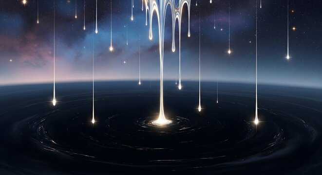 Abstract representation of cosmic event with beams of light descending onto a dark planetary surface