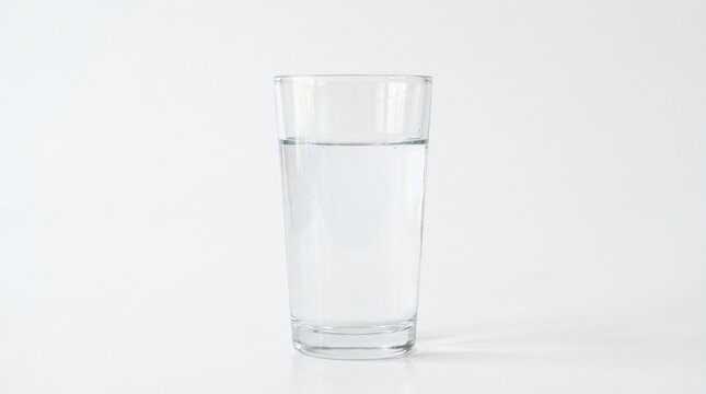 A clear glass of water on a white surface.
