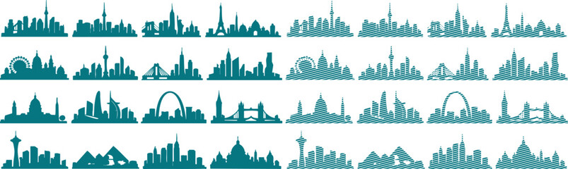 Obraz premium Teal city skylines, silhouettes of famous landmarks and buildings