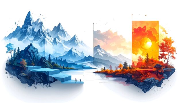 A split-screen illustration depicts contrasting landscapes snow-capped mountains and a sunset scene